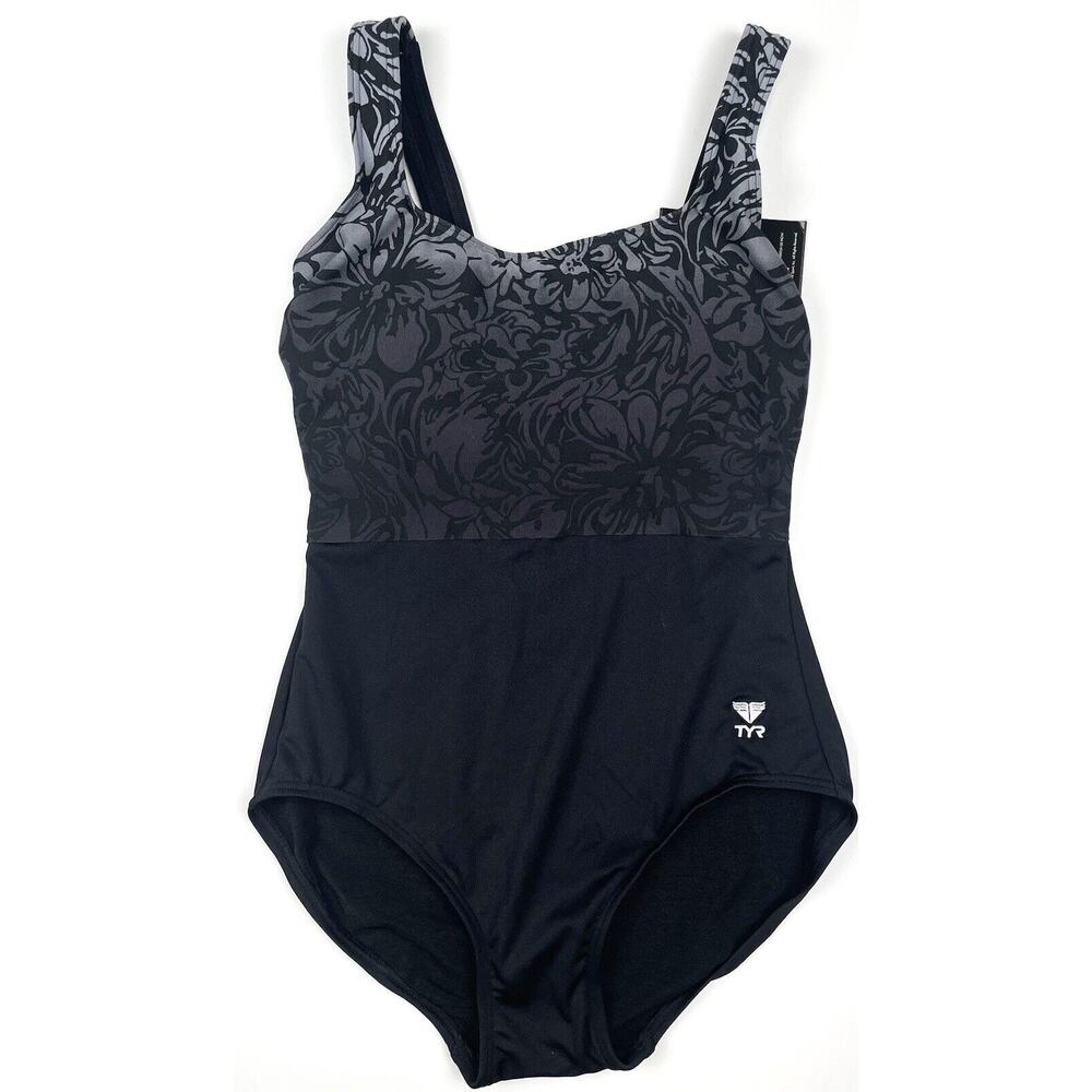 TYR Women's Juniper Aqua Scoop Floral Controlfit Swimsuit Black One Piece Size 8